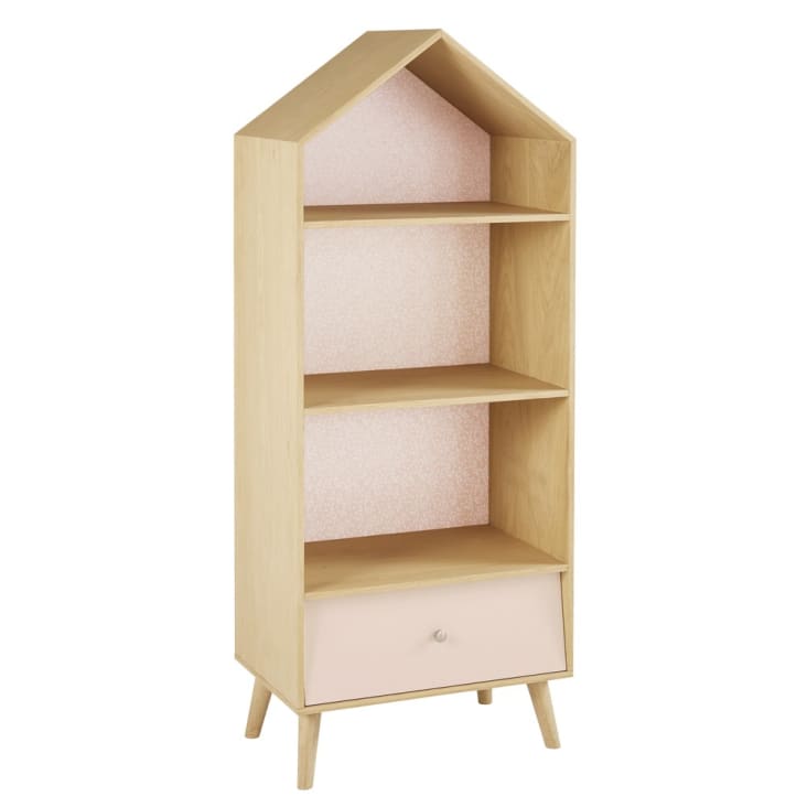 Roze en witte kinderboekenkast in huisvorm-Bucolique cropped-2