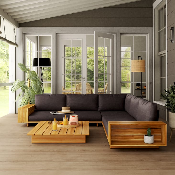 Salon de jardin 5/6 places en bois d'acacia et polyester recyclé gris anthracite-Elvin ambiance-8