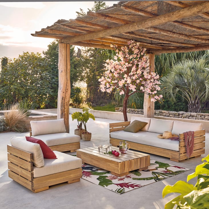 Salon de jardin 5 places en bois d'acacia et polyester recyclé beige grisé-Lyno ambiance-2