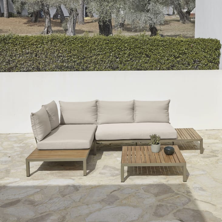 Salon modulable de jardin 4/6 places en acacia massif coloris imitation teck, aluminium vert kaki et coussins gris-Salvia ambiance-2
