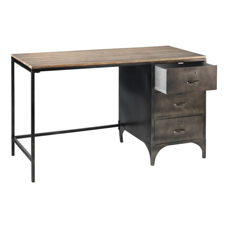 Schreibtisch im Industrial-Stil mit 3 Schubladen aus Metall und Tannenholz-Wayne cropped-4
