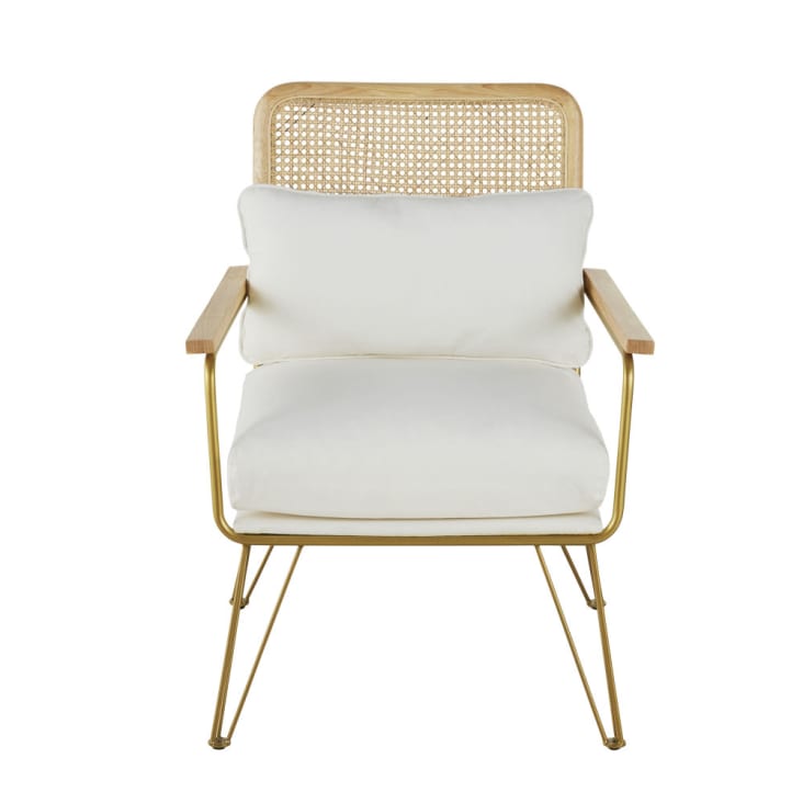 Sessel aus ecrufarbenem | du goldfarbenem Rosalie Metall mit Maisons Rattangeflecht Füßen aus Monde