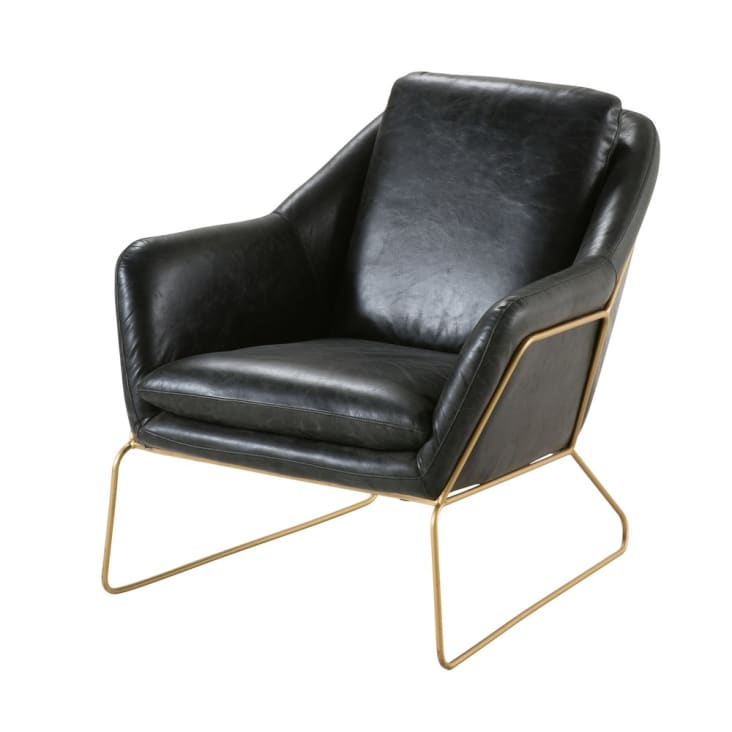 Sessel aus schwarzem, gealtertem Leder und messingfarbenem Metall-Majestic