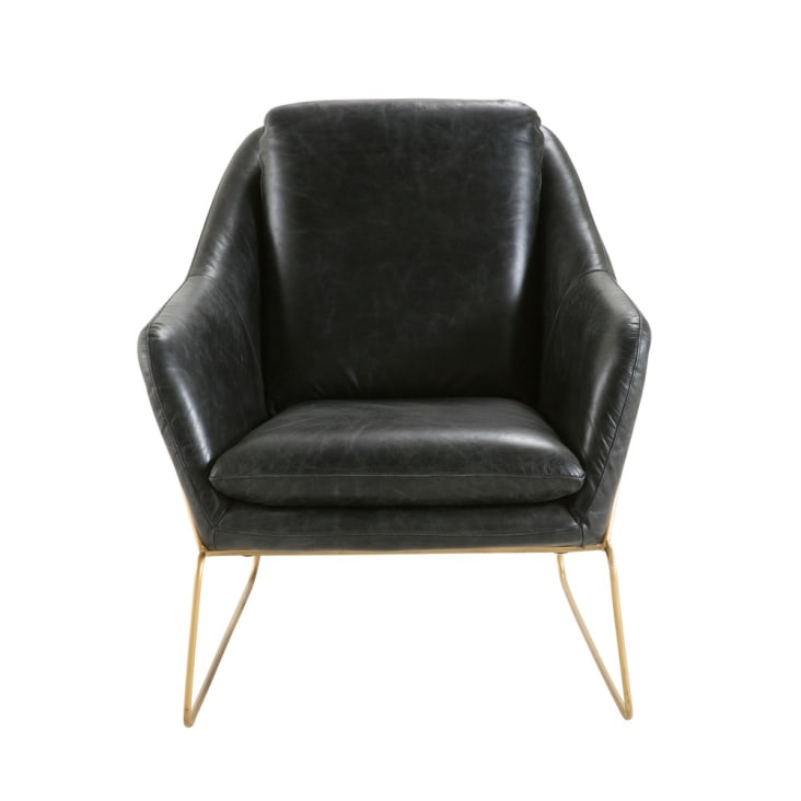 Sessel aus schwarzem, gealtertem Leder und messingfarbenem Metall-Majestic cropped-2