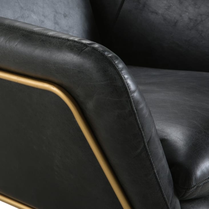 Sessel aus schwarzem, gealtertem Leder und messingfarbenem Metall-Majestic cropped-3