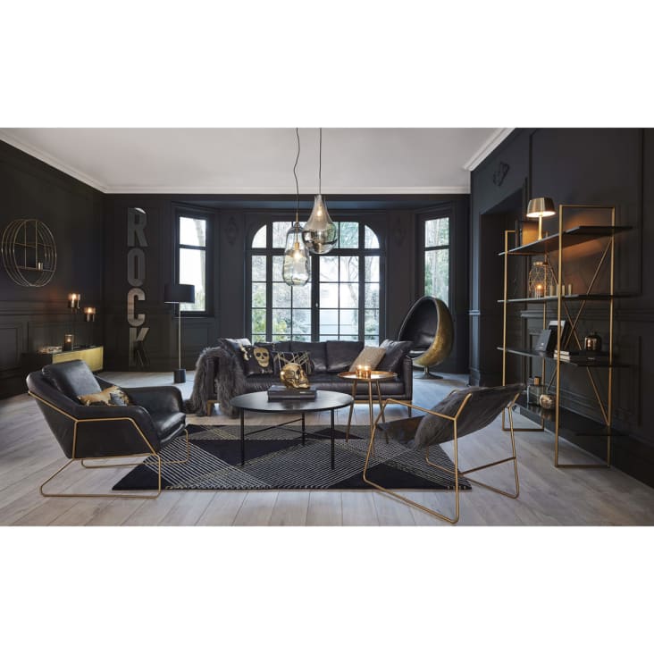 Sessel aus schwarzem, gealtertem Leder und messingfarbenem Metall-Majestic ambiance-7