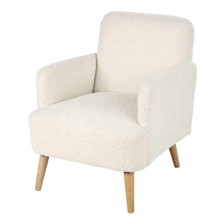 Sessel aus weißem Bouclé-Stoff mit Füßen aus Buchenholz-Honey