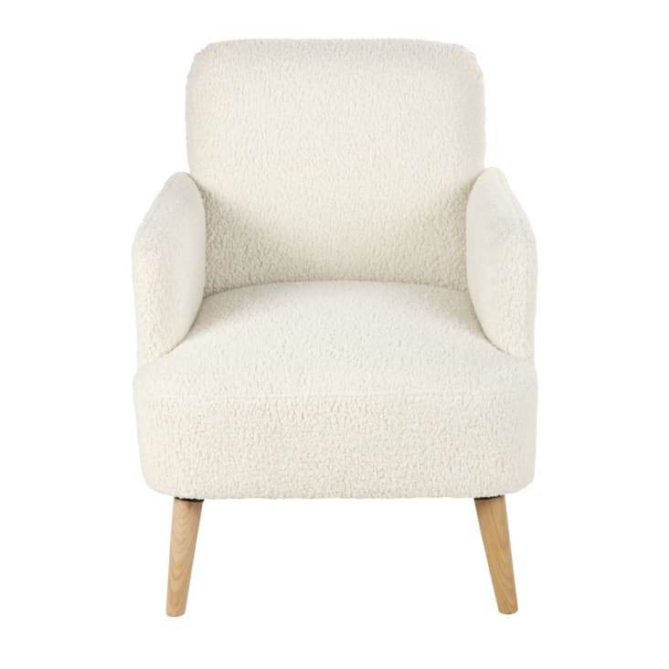 Sessel aus weißem Bouclé-Stoff mit Füßen aus Buchenholz-Honey cropped-2