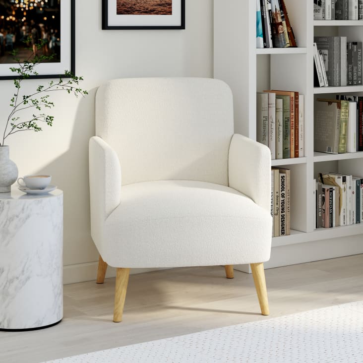 Sessel aus weißem Bouclé-Stoff mit Füßen aus Buchenholz-Honey ambiance-7