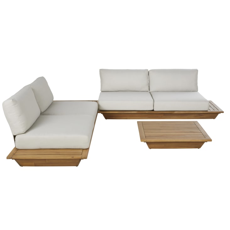 Set Lounge Da Giardino Con 2 Poltrone, 2 Tavolini E 1 Tavolo – Struttura In Ferro Zincato, Piani In Acacia, Cuscini Beige, 150 Kg A Sedile