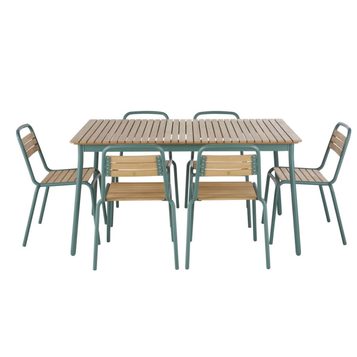 Set aus Gartentisch für 6 Personen, L147cm, und 6 Stühlen aus entenblauem Aluminium und massivem Eukalyptusholz-Amario