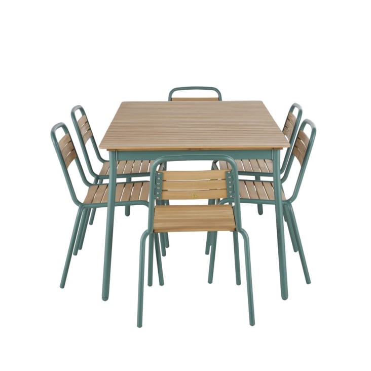Set aus Gartentisch für 6 Personen, L147cm, und 6 Stühlen aus entenblauem Aluminium und massivem Eukalyptusholz-Amario cropped-2