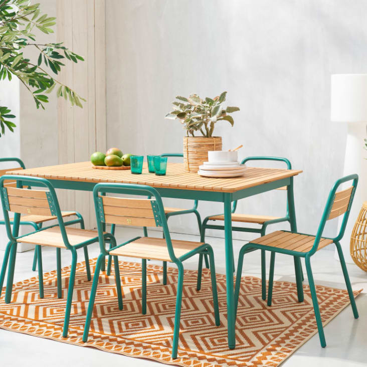 Set aus Gartentisch für 6 Personen, L147cm, und 6 Stühlen aus entenblauem Aluminium und massivem Eukalyptusholz-Amario ambiance-4