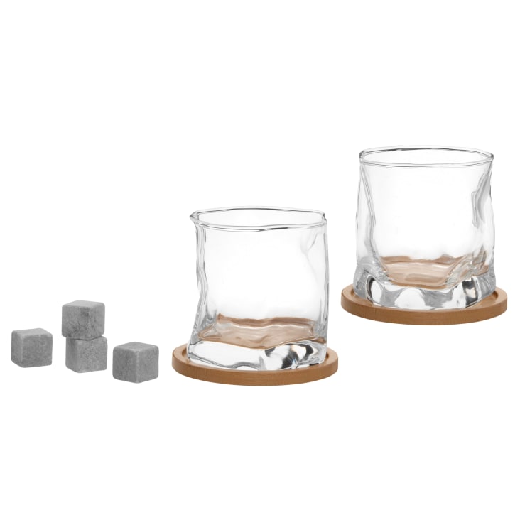 Set di bicchieri da whisky (x2) con sottobicchieri in bambù (x2) e cubetti  refrigeranti riutilizzabili (x4) in pietra NIWA