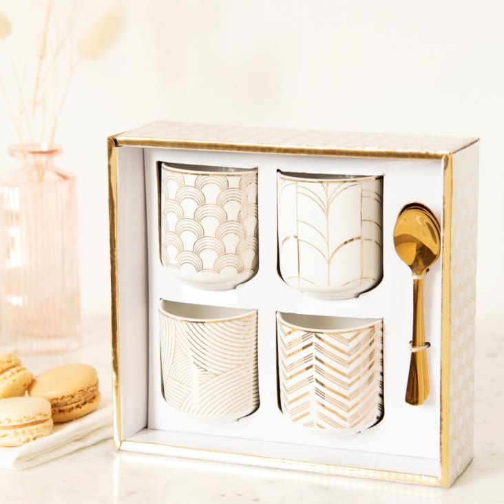 Set mit Tassen aus weißem Porzellan mit grafischen Motiven (x4) und Löffeln aus goldfarbenem Metall-MILAN ambiance-4
