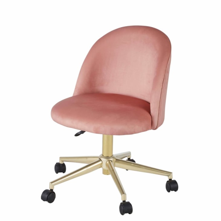 Silla de escritorio vintage con ruedas de terciopelo rosa-Mauricette cropped-5