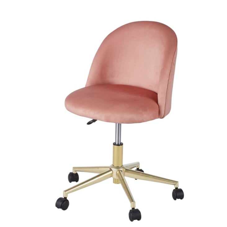 Silla de escritorio vintage con ruedas de terciopelo rosa-Mauricette