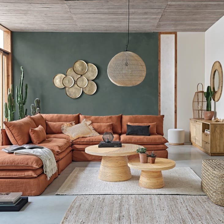 Sillón cama para sofá modulable de 1 plaza de lino arrugado marrón café Pompei | Maisons Monde