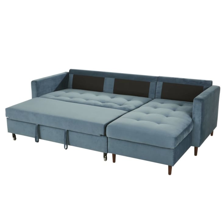 Sofá-cama de canto de 4 lugares de veludo azul-Olivia cropped-2