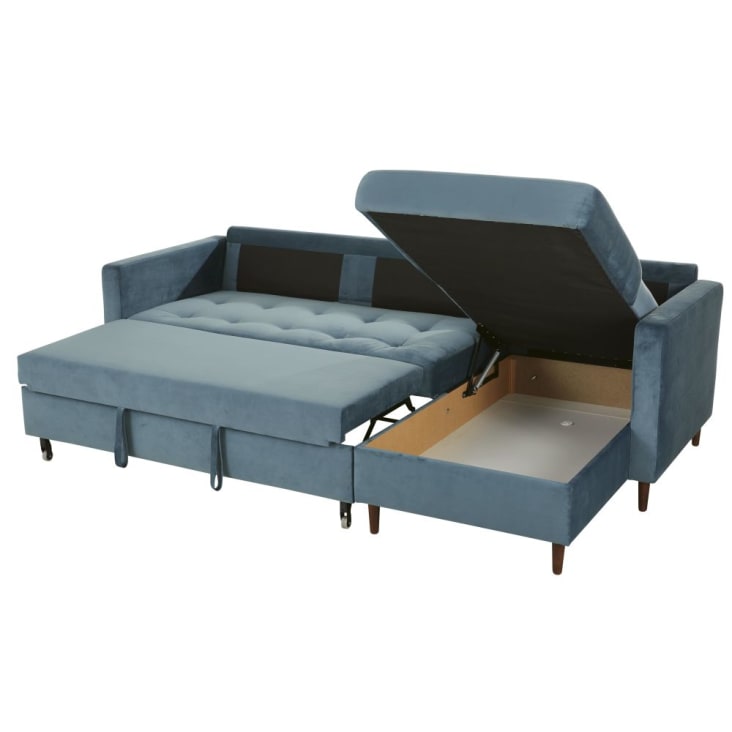 Sofá-cama de canto de 4 lugares de veludo azul-Olivia cropped-3