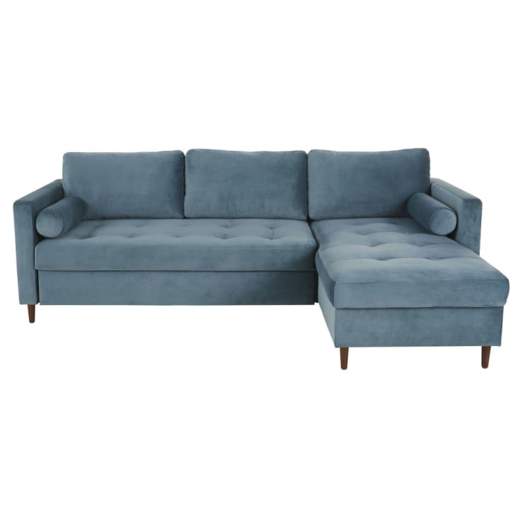 Sofá cama esquinero de 4 plazas de terciopelo azul-Olivia