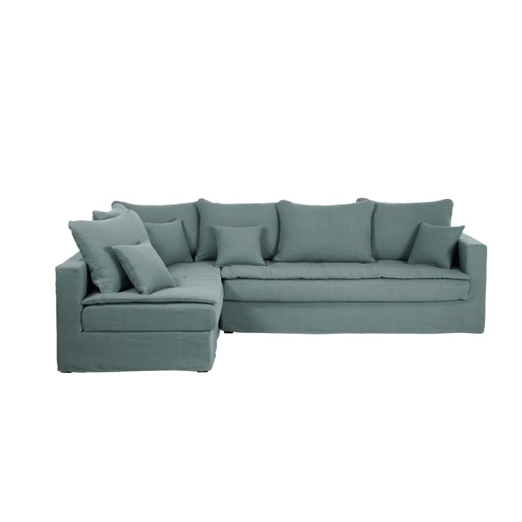 Sofá cama esquinero izquierdo de 5 plazas de lino azul celedón-Celestin