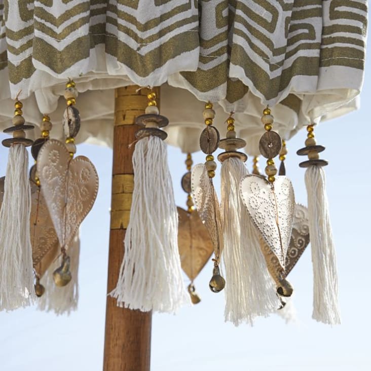 Sonnenschirm aus Teak und Ecru-Baumwolle mit goldenen Motiven-Ubud ambiance-10