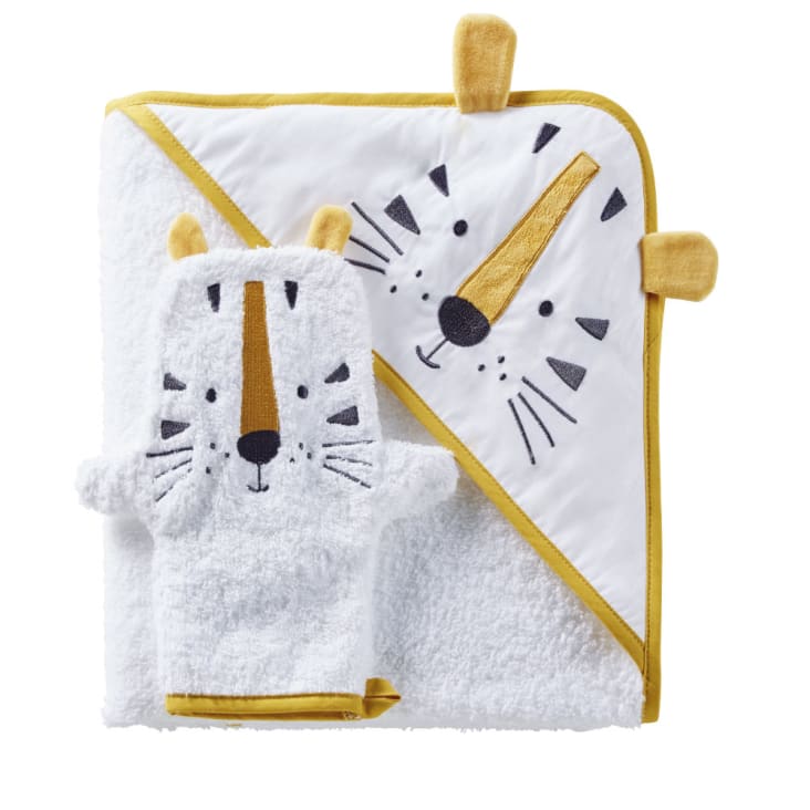 Sortie de bain bébé en coton blanc avec tête de tigre jaune moutarde et noire-SAMBA cropped-2
