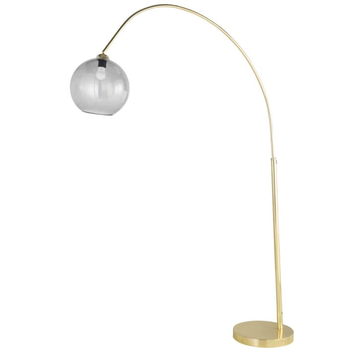 Stehlampe aus goldfarbenem Metall und Rauchglas, H192-Sphere cropped-2