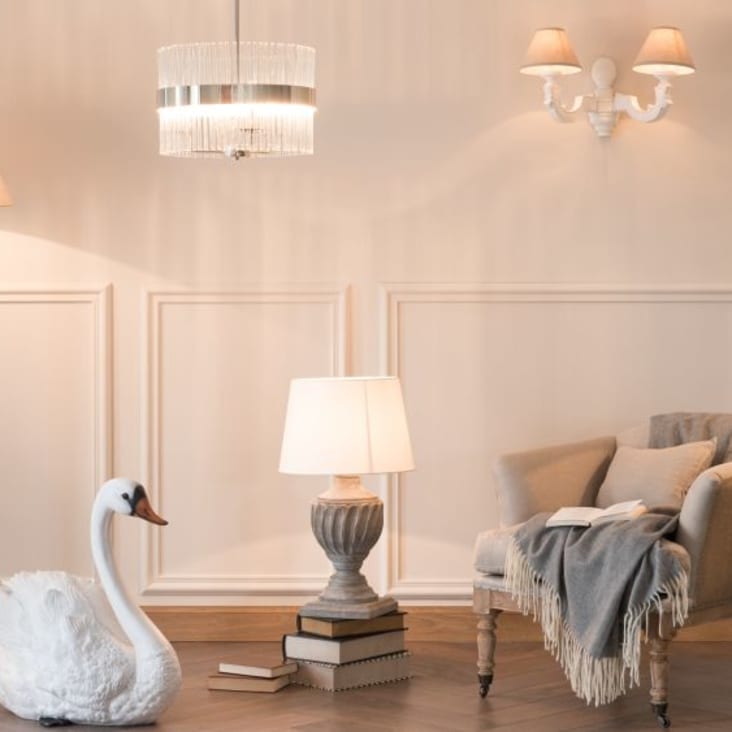 Mangoholzfuß Stehlampe | du Monde Maisons H162 mit und FONTAINEBLEAU weißem Bruchglas-Lampenschirm
