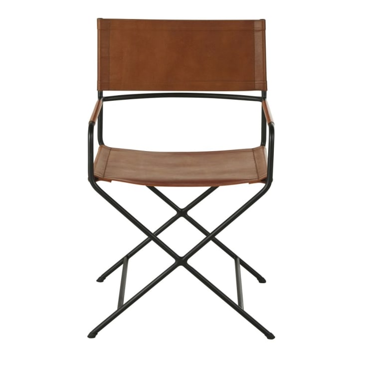 Stuhl aus braunem Leder und schwarzem Metall cropped-2