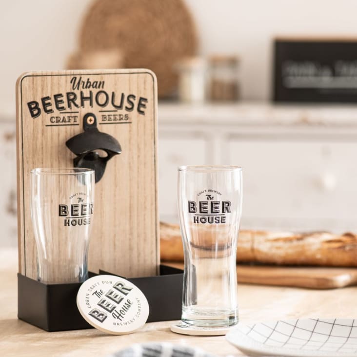 Support verres à bière (x2) en eucalyptus et métal avec décapsuleur intégré  BEERHOUSE