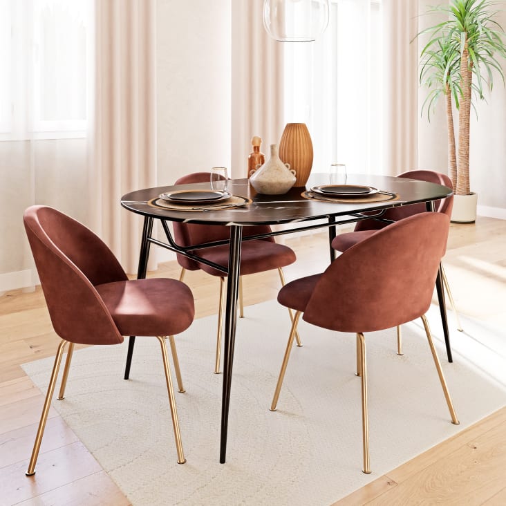 EVA - Ensemble Table à Manger Extensible 4 à 6 Personnes Décor Marbre + 4  Chaises en Velours Terracota - Style Moderne
