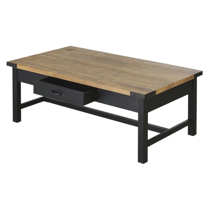 Table basse 2 tiroirs en bois de manguier massif et métal noir-Alfred cropped-2