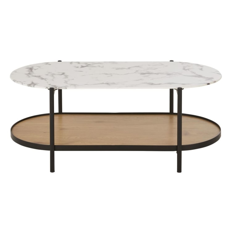 Table basse ovale en verre trempé imprimé imitation marbre et métal noir L110