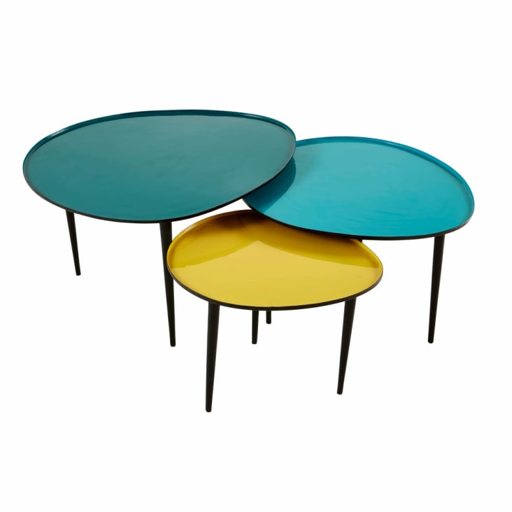 Tables gigognes en métal laqué bleu et jaune-Galet cropped-2