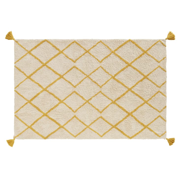 Tapis berbère en coton écru motifs graphiques jaune moutarde 120x180-MIRIAN