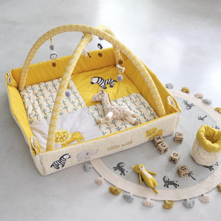 Tapis d'éveil bébé en coton jaune moutarde et blanc D125 MINI JUNGLE