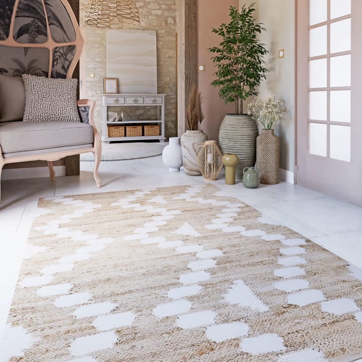 Tappeto kilim in cotone e iuta con stampa geometrica beige e bianca,  140x200 cm