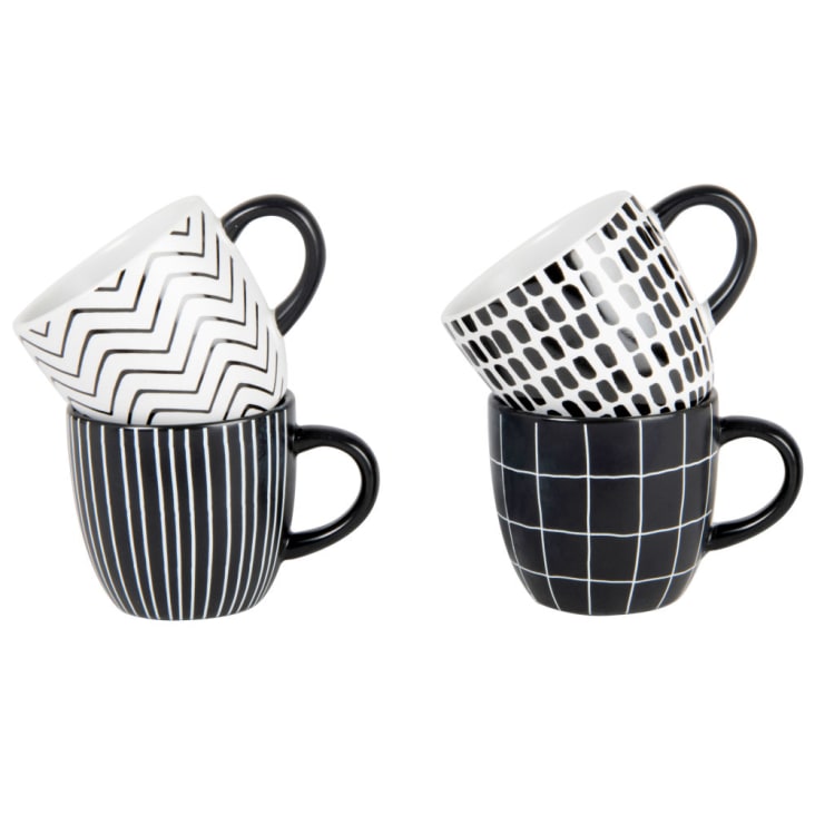 Tassen aus Steingut mit grafischen Motiven (x4) mit Metallständer, schwarz und weiß-FELIX cropped-2