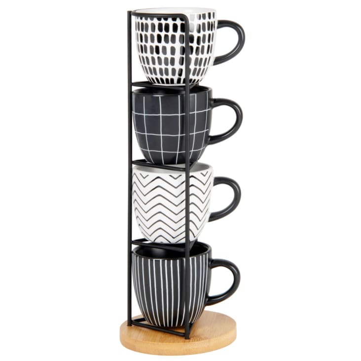 Tasses en grès noir et blanc motifs graphiques (x4) support en métal noir FELIX | Maisons du Monde