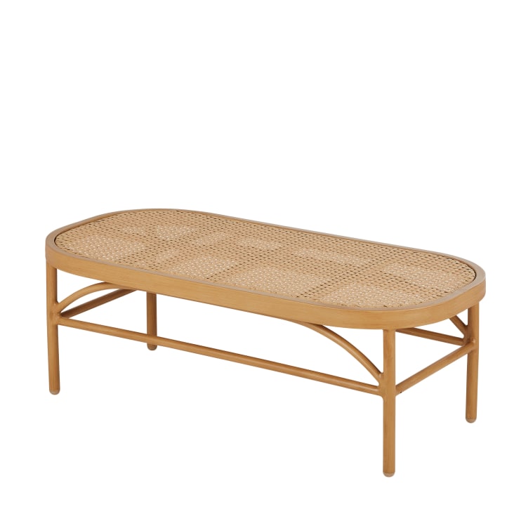 Tavolino basso da giardino in alluminio beige e resina intrecciata effetto rattan