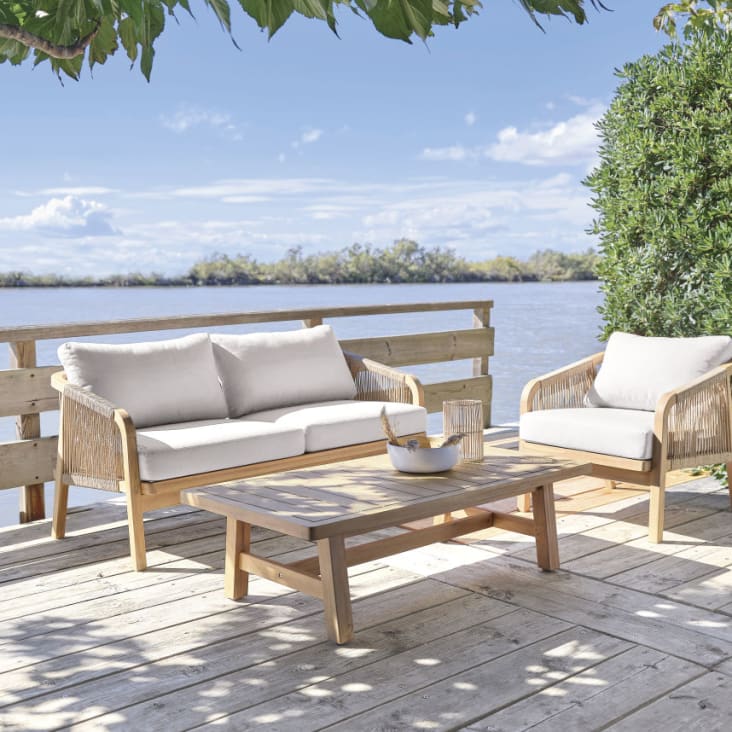 Tavolino basso da giardino professionale in acacia massiccia effetto teak imbiancato-Barcares BUSINESS ambiance-5