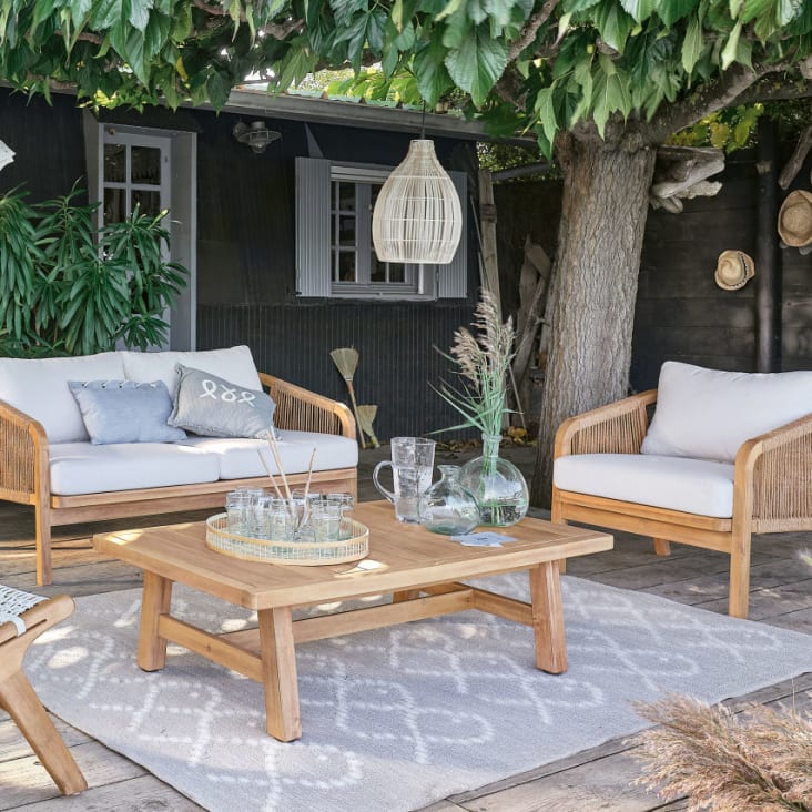 Tavolino basso da giardino professionale in acacia massiccia effetto teak imbiancato-Barcares BUSINESS ambiance-4