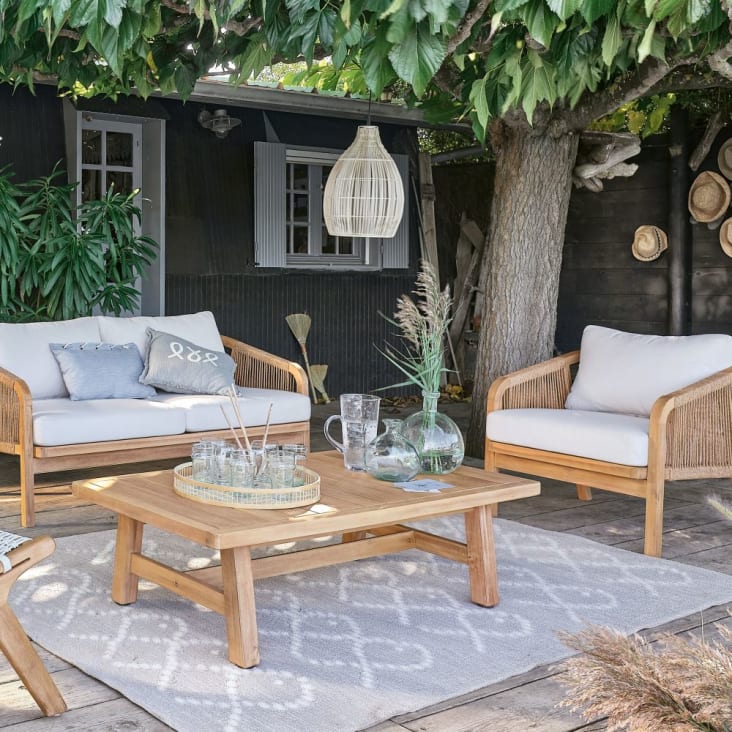 Tavolino basso da giardino professionale in acacia massiccia effetto teak imbiancato-Barcares BUSINESS ambiance-3