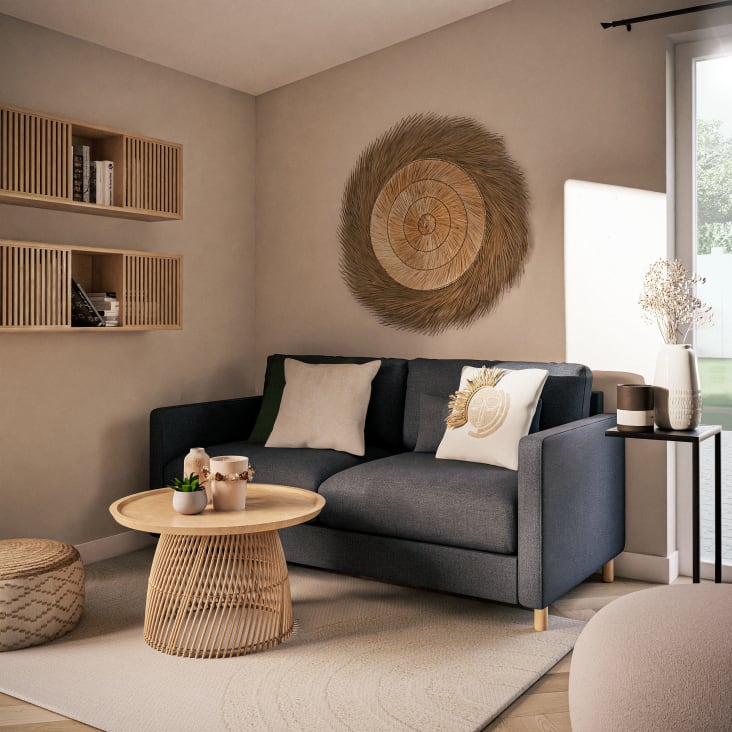 Tavolino basso rotondo in legno massello di mango e rattan beige