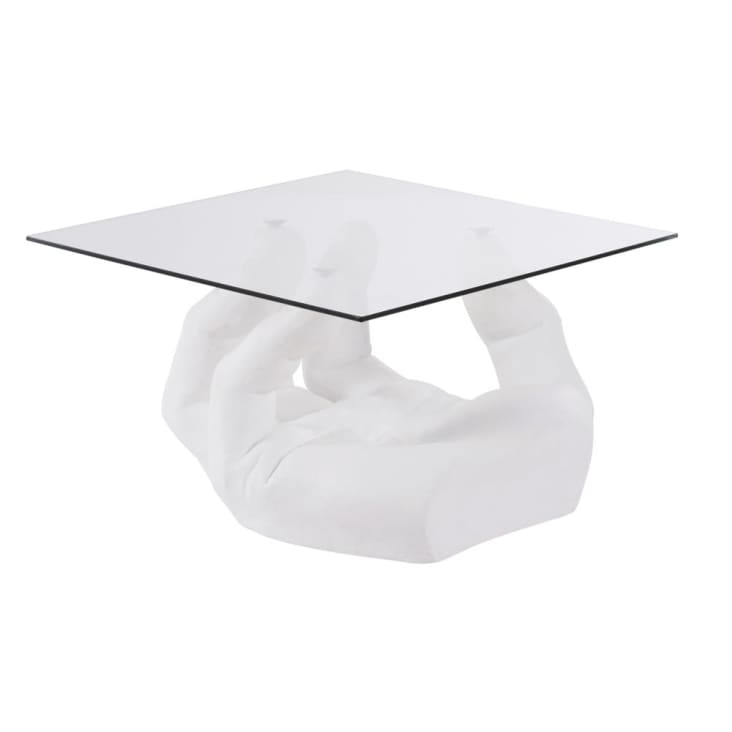 Tavolino da salotto in vetro con mano in magnesite bianca ALESSA