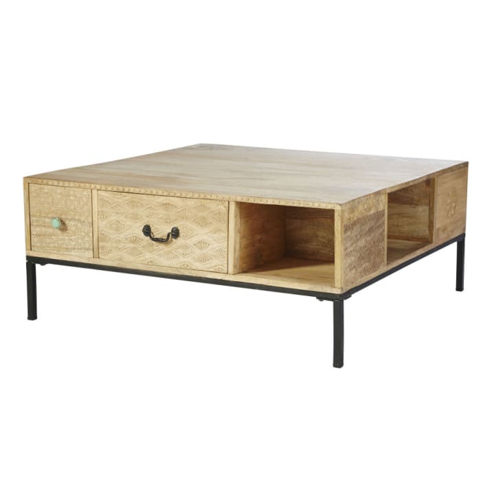 Tavolino da salotto quadrato a 4 cassetti in legno massello di mango e metallo nero-Iroquois cropped-3