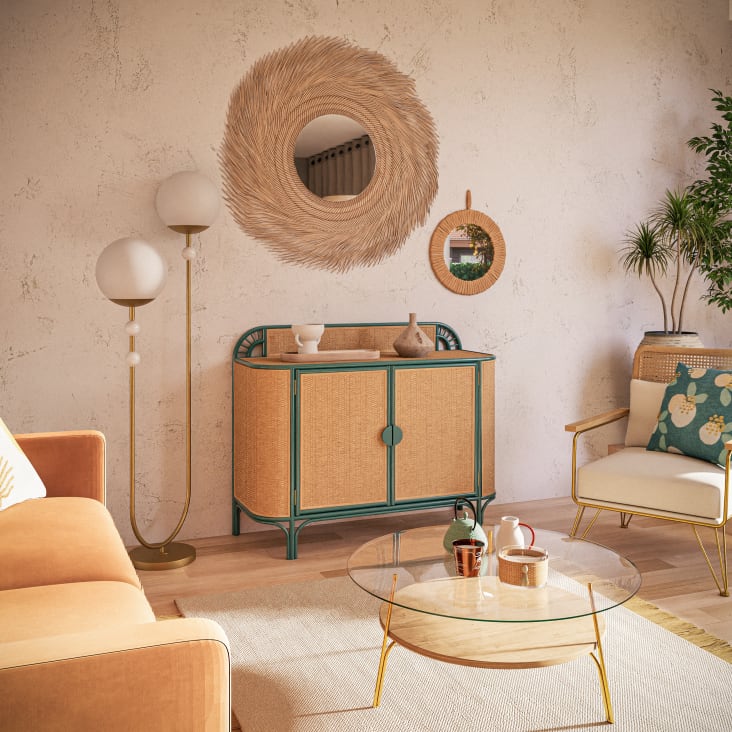 Tavolino da salotto rotondo in vetro temperato e legno massello di