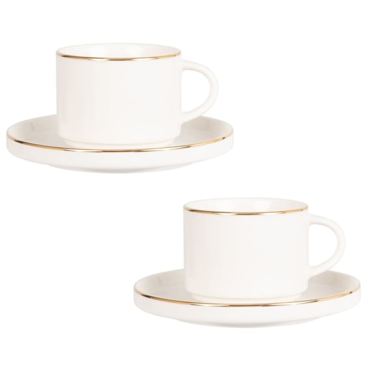 Teetasse und Untertasse aus Porzellan, weiß und gold-BERENICE